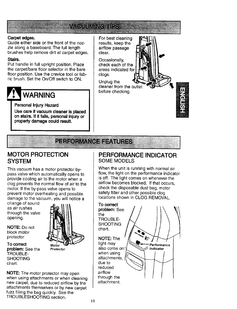 Carpet edges, Stairs, Warning | Performance features, Motor protection system, Performance indicator, Some models, Performance features -12, Performance features motor protection system | Kenmore 631 User Manual | Page 11 / 44