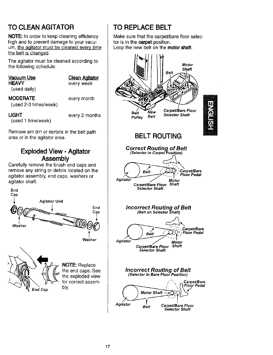 To clean agitator, Moderate, Light | Exploded view - agitator assembly, To replace belt, Belt routing | Kenmore 631 User Manual | Page 17 / 44