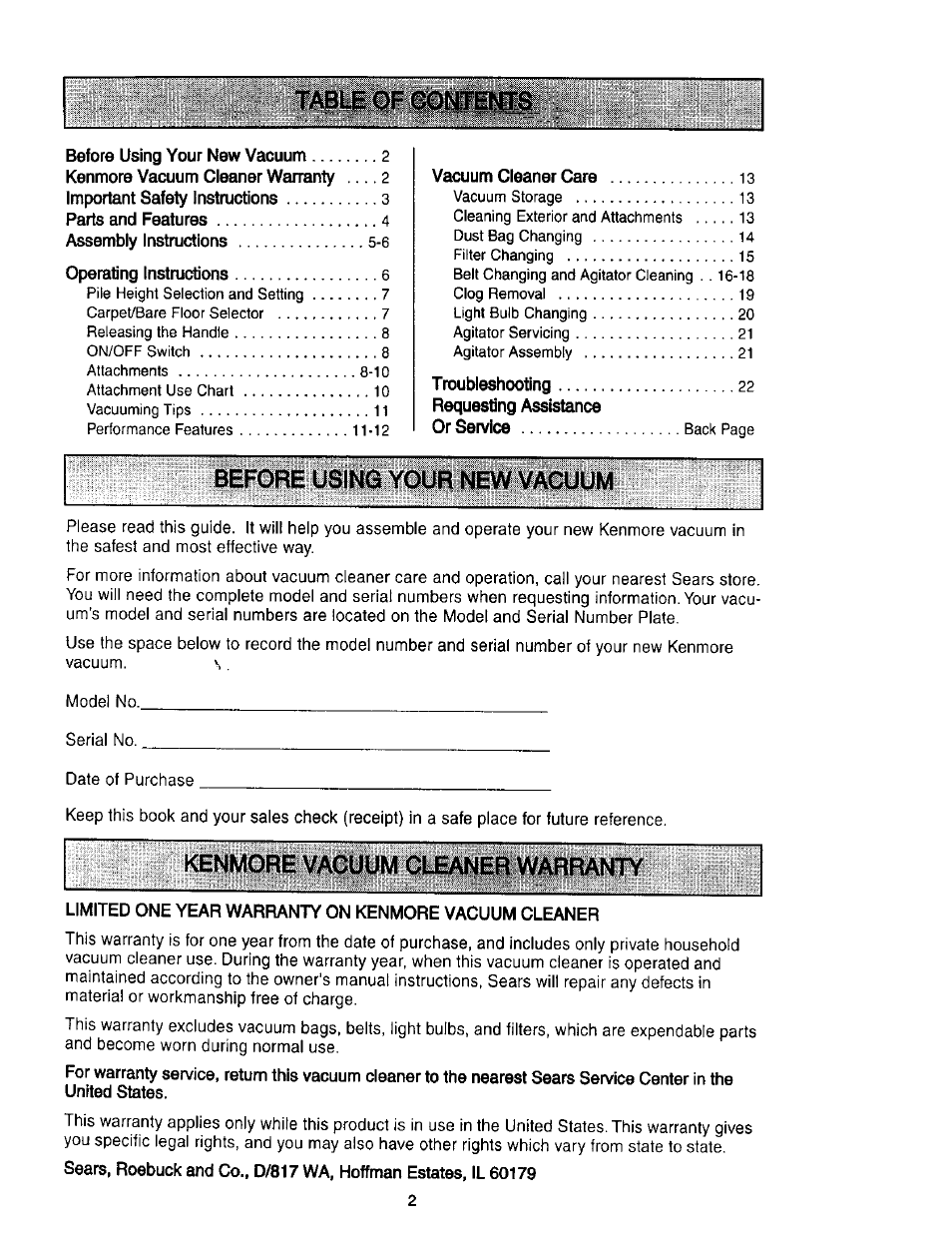 Before using your new vacuum, Kenmore vacuum cleaner warranty | Kenmore 631 User Manual | Page 2 / 44