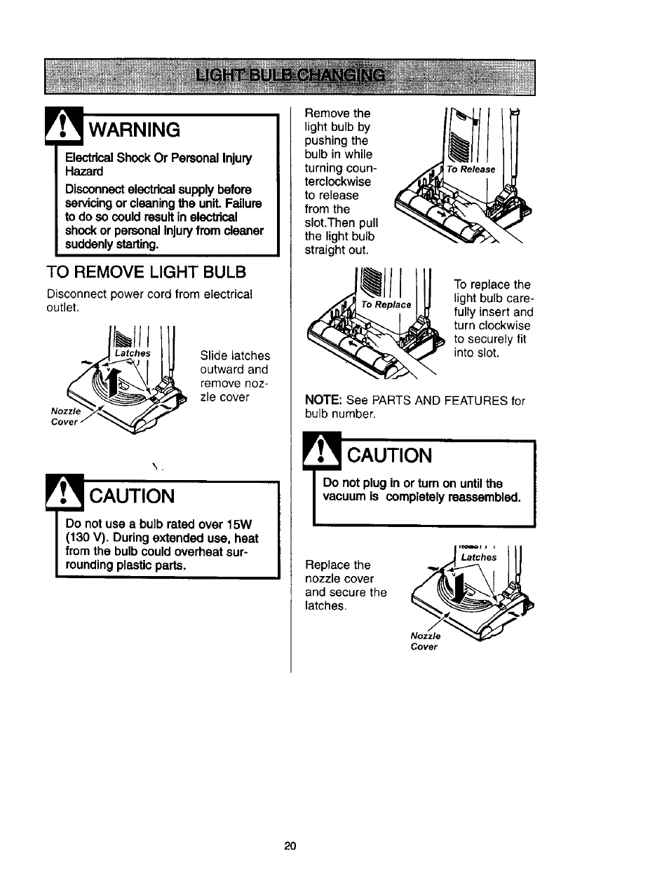 Warning, To remove light bulb, Caution | Kenmore 631 User Manual | Page 20 / 44