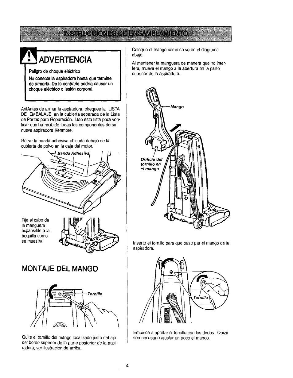 Advertencia, Montaje del mango | Kenmore 631 User Manual | Page 26 / 44