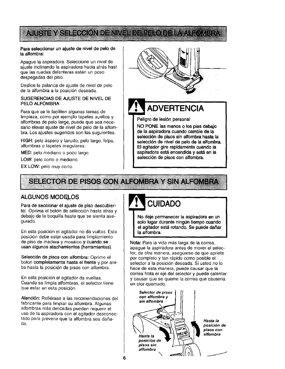 Advertencia, Selector de pisos con alfombra y sin alfombra, Algunos modelos | Cuidado, Selector de pisos con alfombra y | Kenmore 631 User Manual | Page 28 / 44