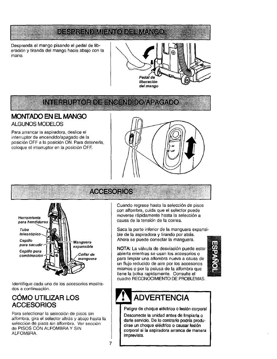 Montado en el mango, Algunos modelos, Accesorios | Cómo utilizar los accesorios, Advertencia, Accesorios -9 | Kenmore 631 User Manual | Page 29 / 44