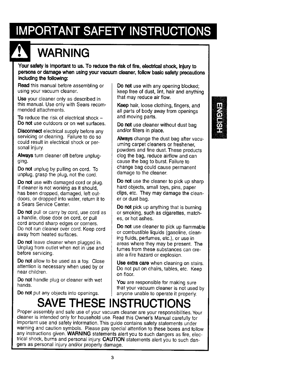 Important safety instructions warning, Save these instructions | Kenmore 631 User Manual | Page 3 / 44