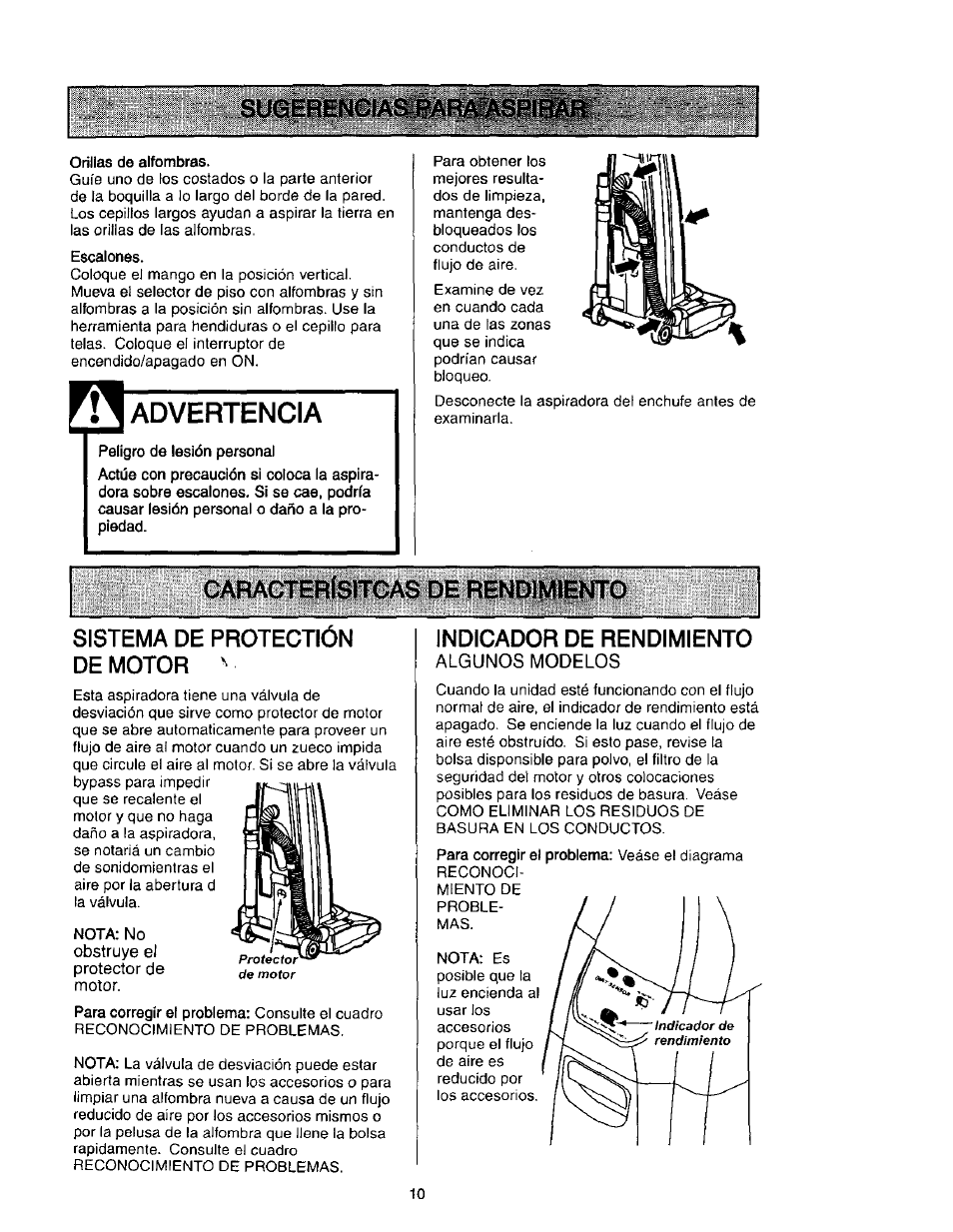 Advertencia, Sistema de protection de motor, Indicador de rendimiento | Algunos modelos | Kenmore 631 User Manual | Page 32 / 44