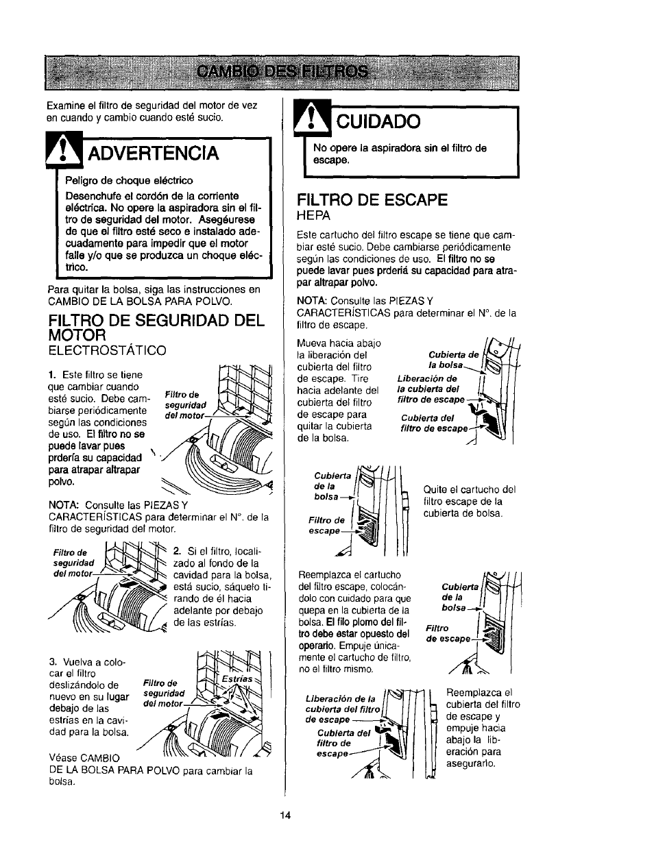 Advertencia, Filtro de seguridad del motor, Electrostático | Cuidado, Filtro de escape, Hepa | Kenmore 631 User Manual | Page 36 / 44