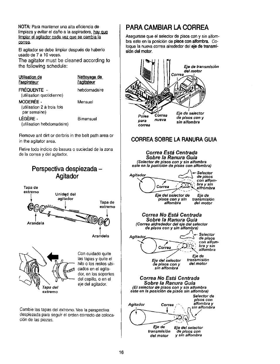 Perspectiva despiezada - agitador, Para cambiar la correa, Correa sobre la ranura guia | Kenmore 631 User Manual | Page 38 / 44