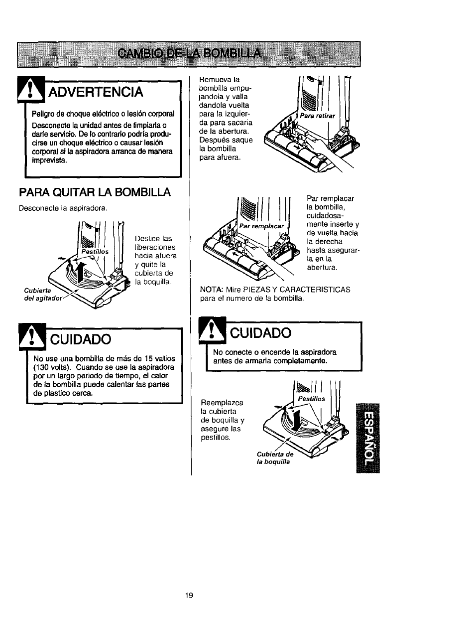 Cambio de la bombilla, Advertencia, Cuidado | Para quitar la bombilla | Kenmore 631 User Manual | Page 41 / 44