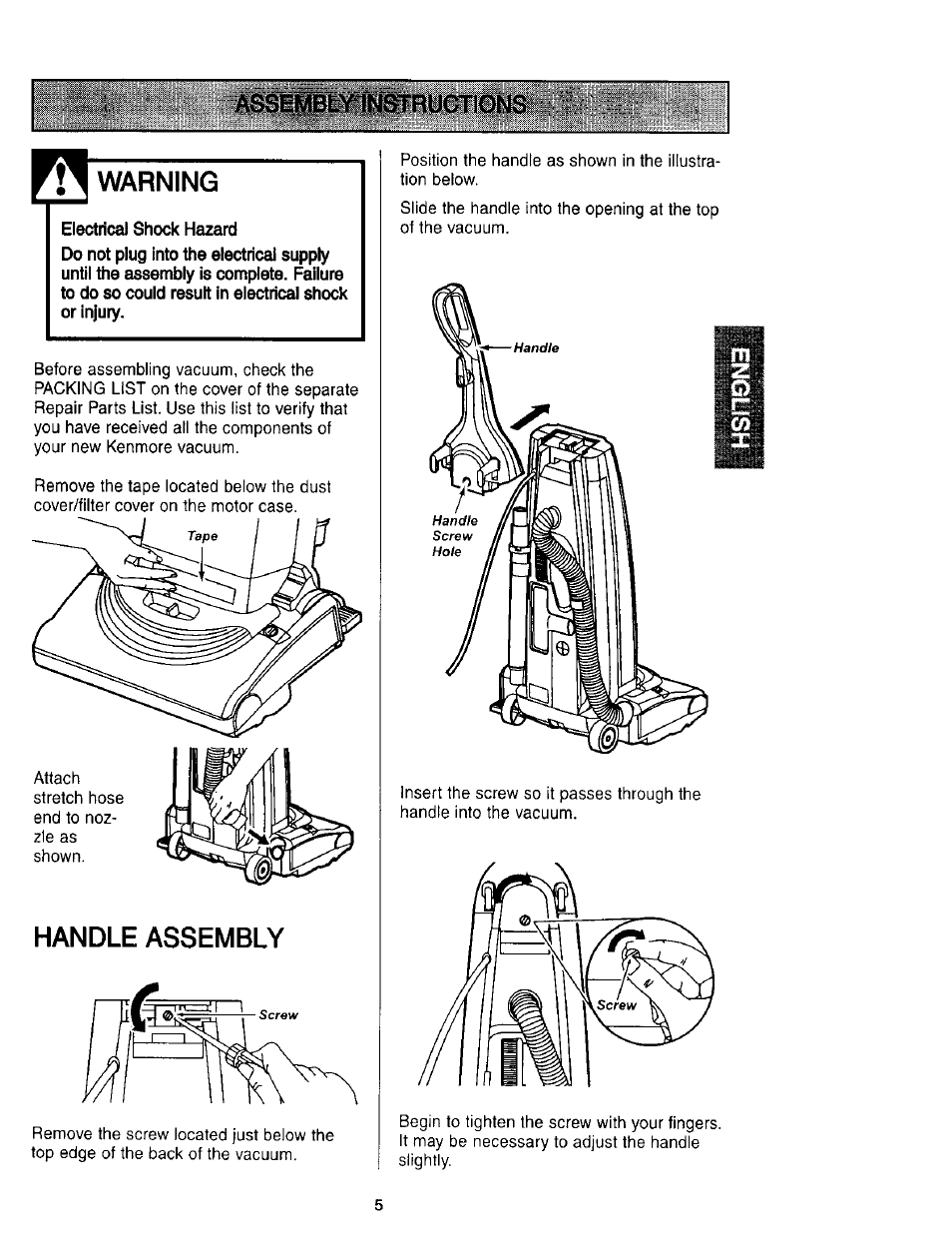 Warning, Electrical shock hazard, Handle assembly | Kenmore 631 User Manual | Page 5 / 44