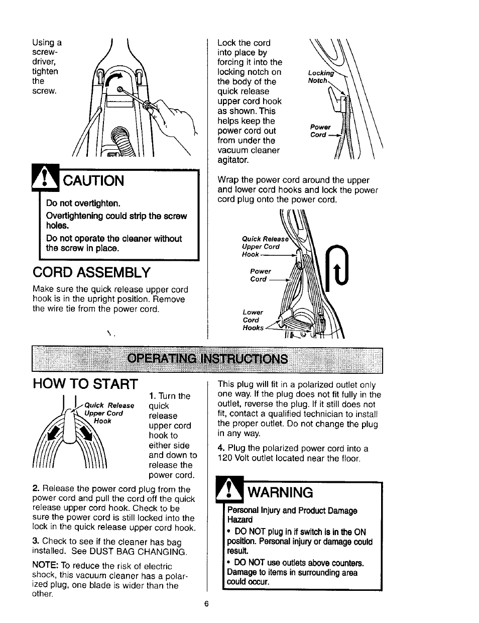 Caution, Do not overtighten, Cord assembly | How to start, Warning, Operating instructions | Kenmore 631 User Manual | Page 6 / 44