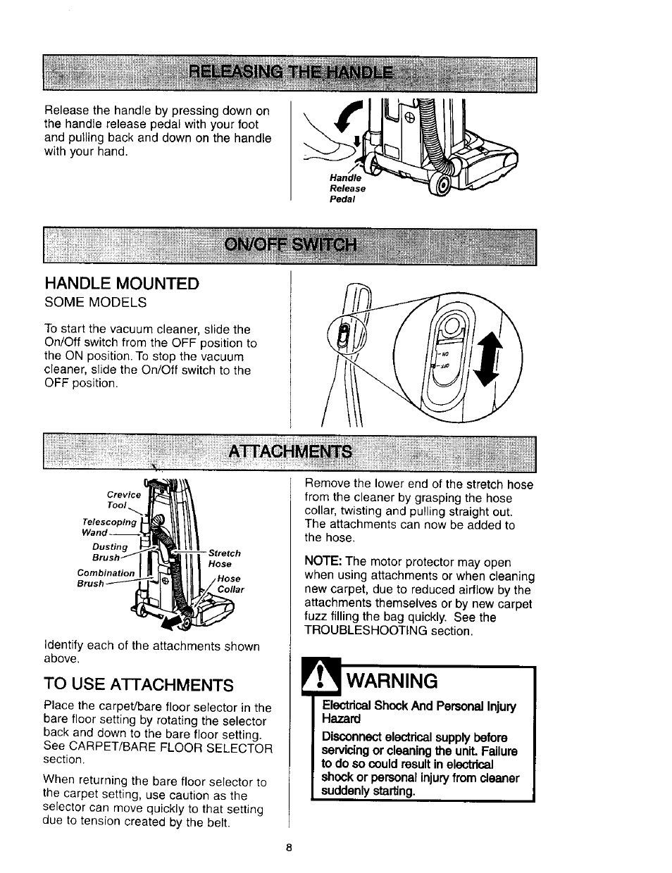 Handle mounted, Attachments, To use attachments | Warning, Attachments -10 | Kenmore 631 User Manual | Page 8 / 44