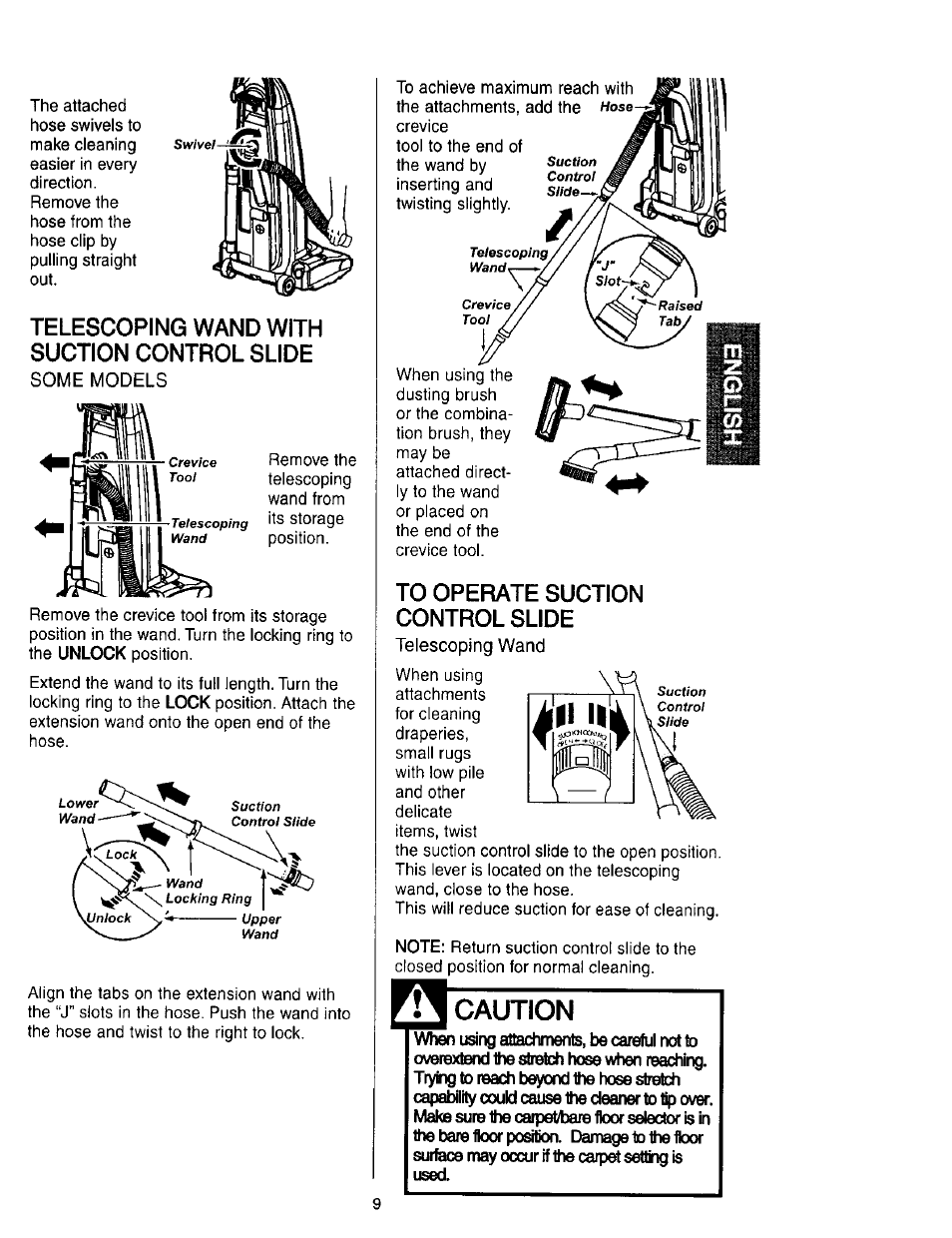 Telescoping wand with suction control slide, To operate suction control slide, Caution | Kenmore 631 User Manual | Page 9 / 44