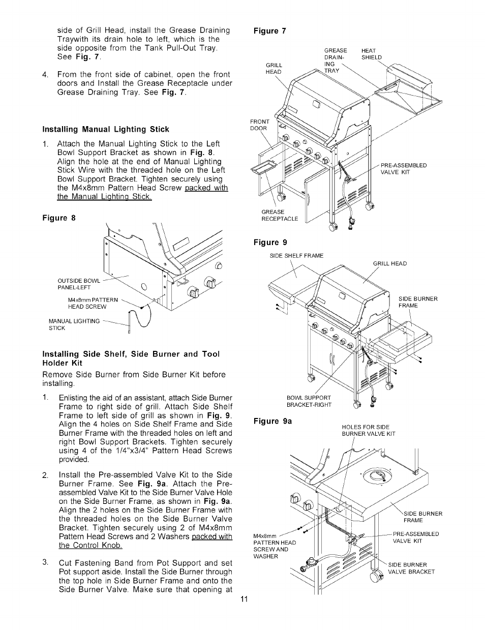 Installing manual lighting stick, Installing side shelf, side burner and tool | Kenmore 141.15227 User Manual | Page 11 / 33