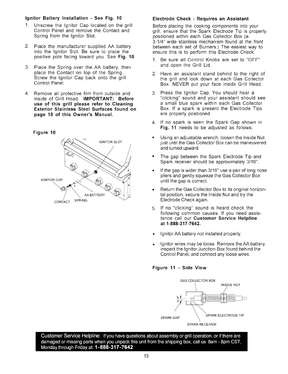 Ignitor battery installation - see fig. 10, Electrode check - requires an assistant | Kenmore 141.15227 User Manual | Page 13 / 33