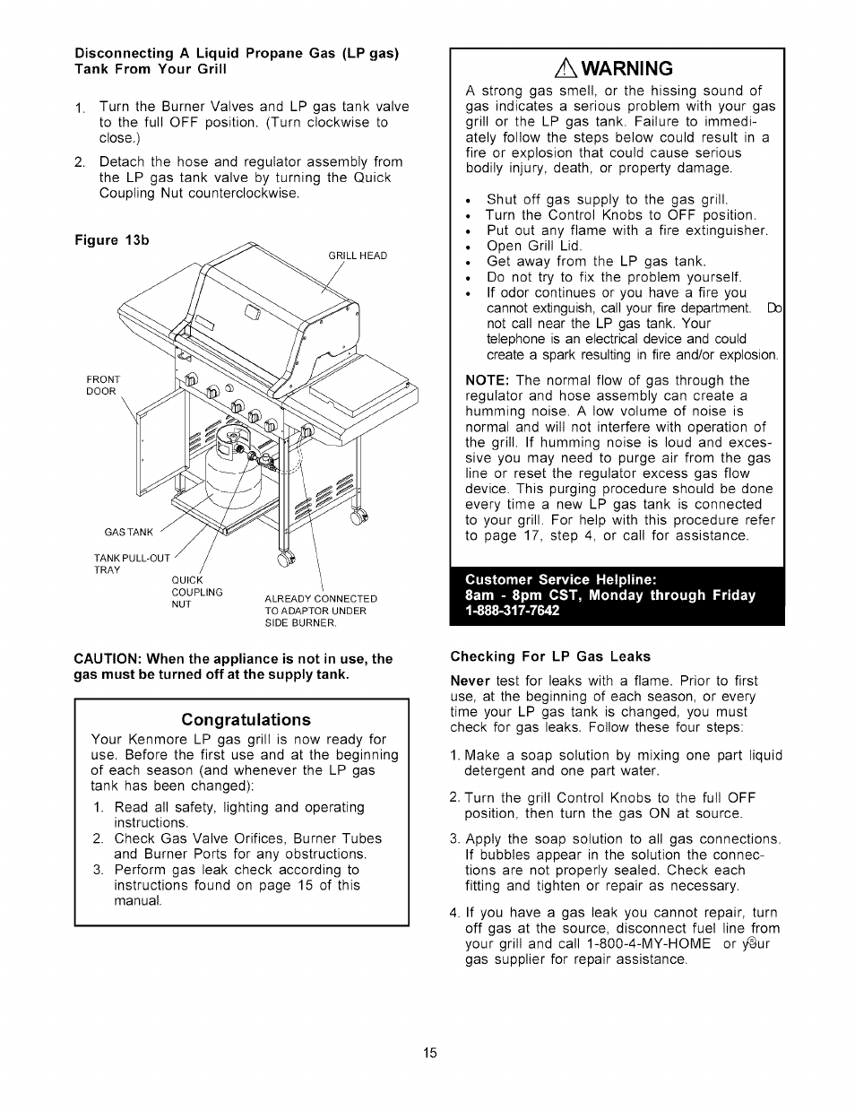 Customer service helpline, Checking for lp gas leaks, Warning | Kenmore 141.15227 User Manual | Page 15 / 33