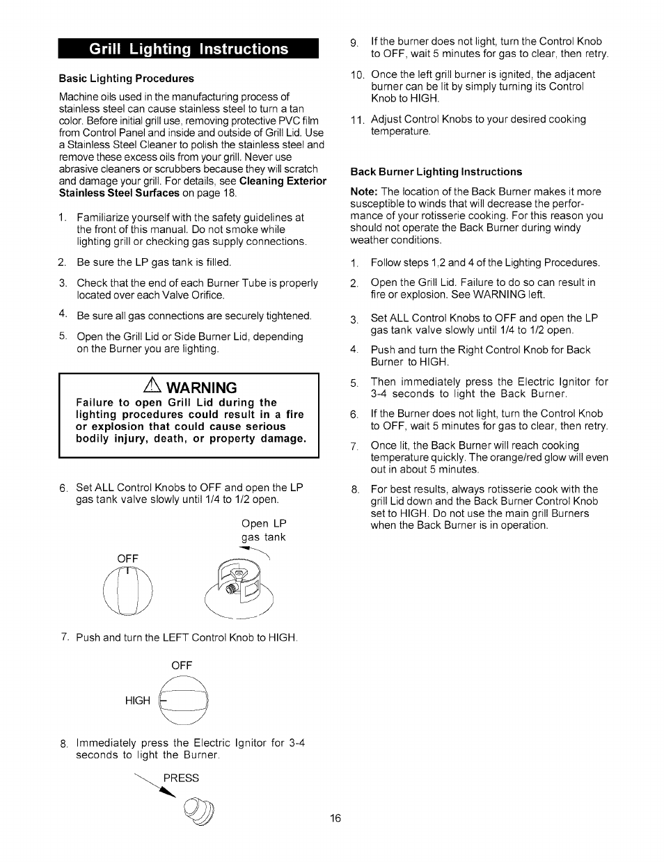 Basic lighting procedures, Back burner lighting instructions, Grill lighting instructions | A warning | Kenmore 141.15227 User Manual | Page 16 / 33