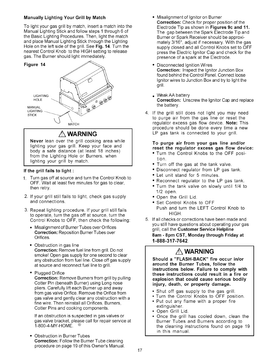 Manually lighting your grill by match, If the grill fails to light, Warning | Kenmore 141.15227 User Manual | Page 17 / 33