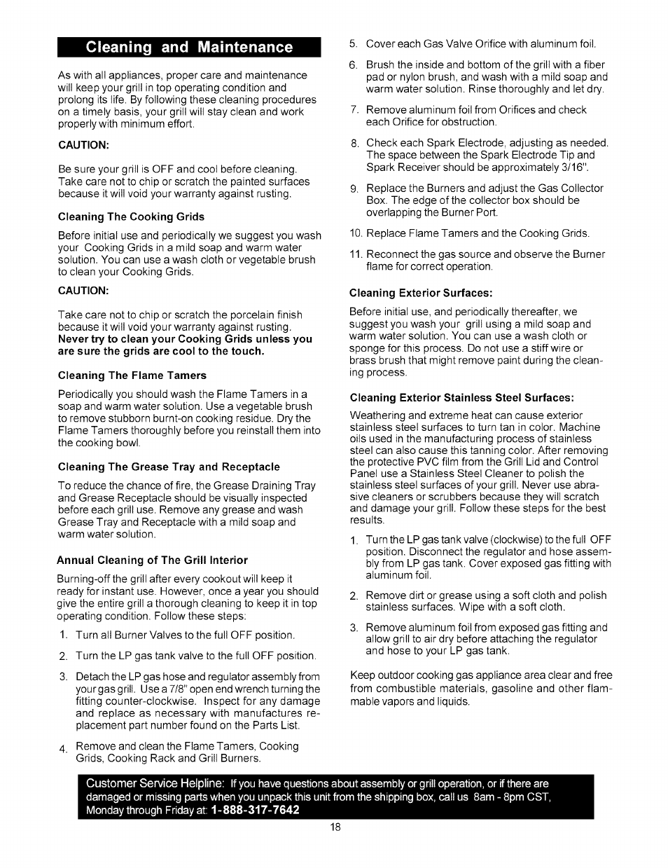 Caution, Cleaning the cooking grids, Cleaning the fiame tamers | Cleaning the grease tray and receptacle, Annual cleaning of the grill interior, Cleaning exterior surfaces, Cleaning exterior stainless steel surfaces, Cleaning and maintenance | Kenmore 141.15227 User Manual | Page 18 / 33