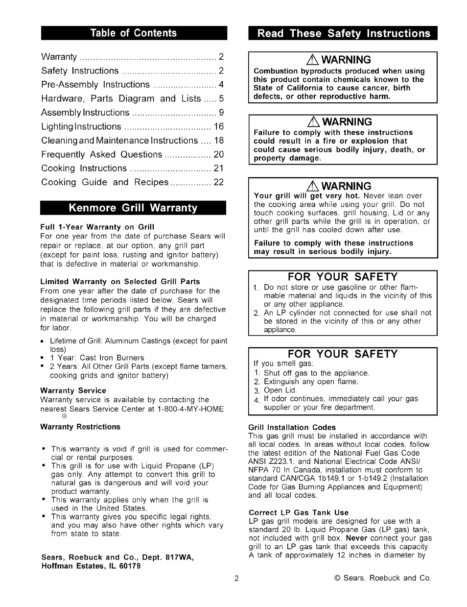 Full 1-year warranty on grill, Limited warranty on selected grill parts, Warranty service | Grill installation codes, Correct lp gas tank use, Table of contents read these safety instructions, Kenmore grill warranty, Warning, For your g^pgyy, For your safety | Kenmore 141.15227 User Manual | Page 2 / 33