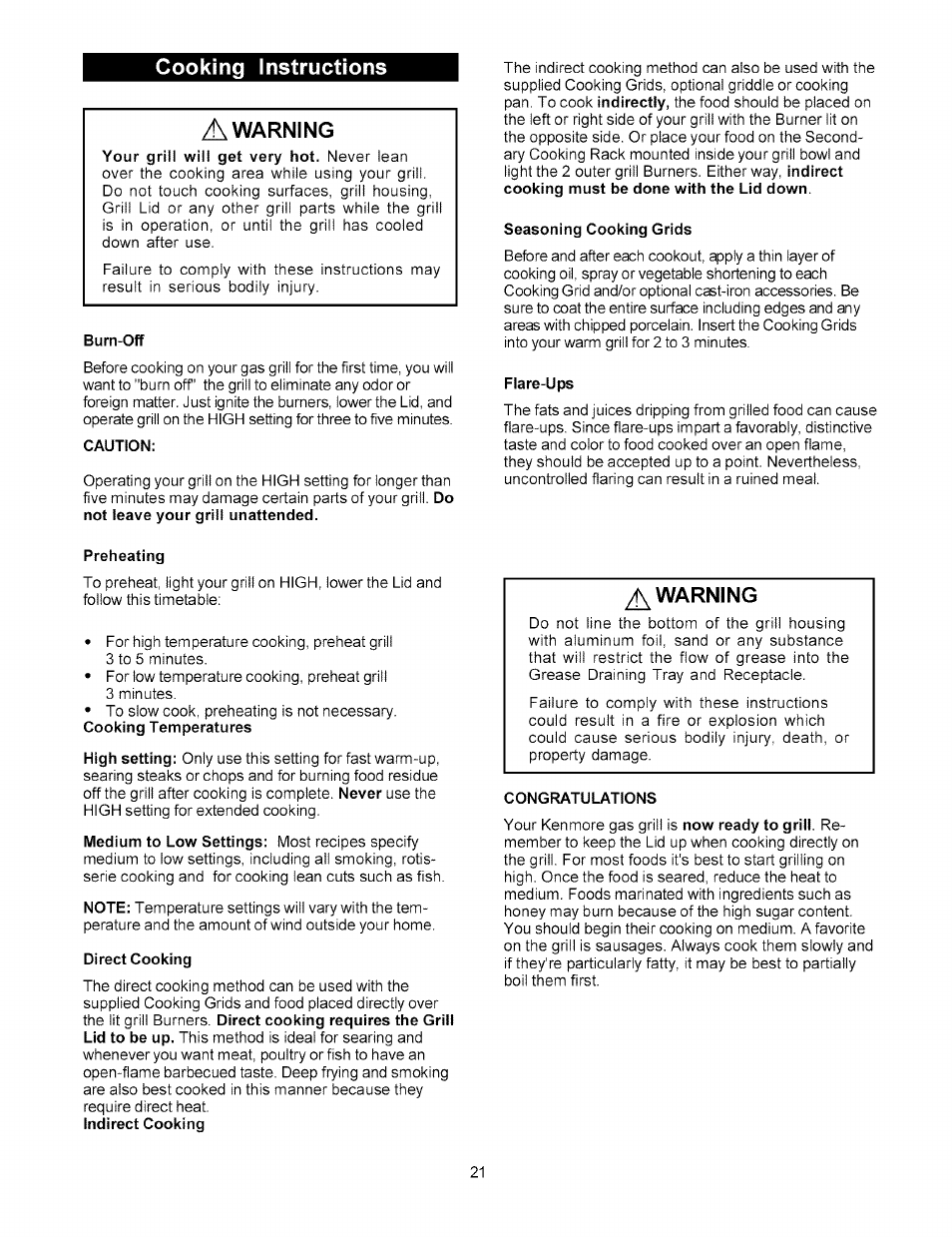 Burn-off, Caution, Seasoning cooking grids | Flare-ups, Preheating, Direct cooking, Congratulations, Cooking instructions, Warning, A warning | Kenmore 141.15227 User Manual | Page 21 / 33