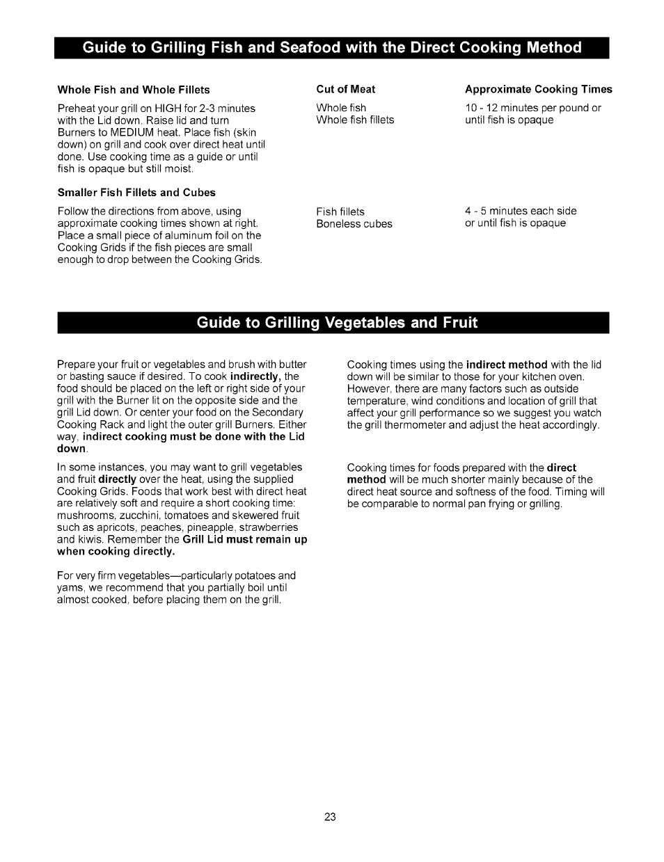 Whole fish and whole fillets, Smaller fish fillets and cubes, Cut of meat | Approximate cooking times, Guide to grilling vegetables and fruit | Kenmore 141.15227 User Manual | Page 23 / 33