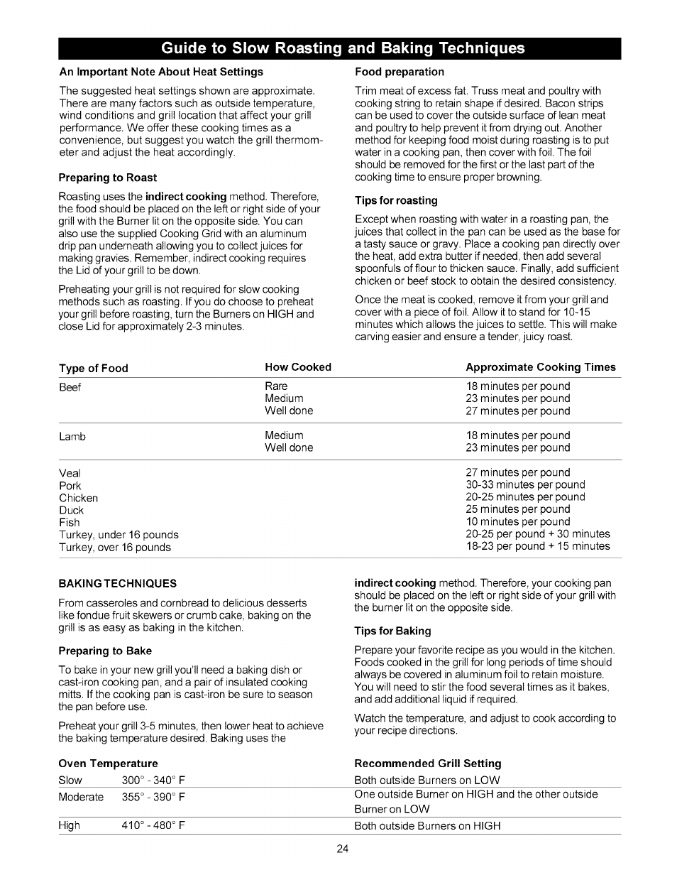 An important note about heat settings, Preparing to roast, Food preparation | Tips for roasting, Baking techniques, Preparing to bake, Tips for baking, Guide to slow roasting and baking techniques | Kenmore 141.15227 User Manual | Page 24 / 33