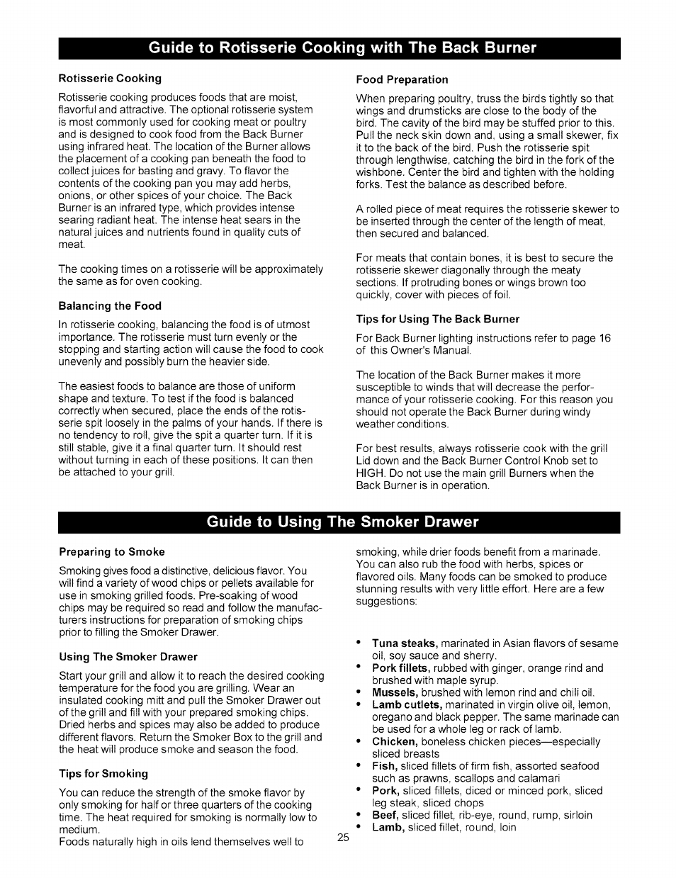 Rôtisserie cooking, Balancing the food, Food preparation | Tips for using the back burner, Preparing to smoke, Using the smoker drawer, Tips for smoking, Guide to rôtisserie cooking with the back burner, Guide to using the smoker drawer | Kenmore 141.15227 User Manual | Page 25 / 33