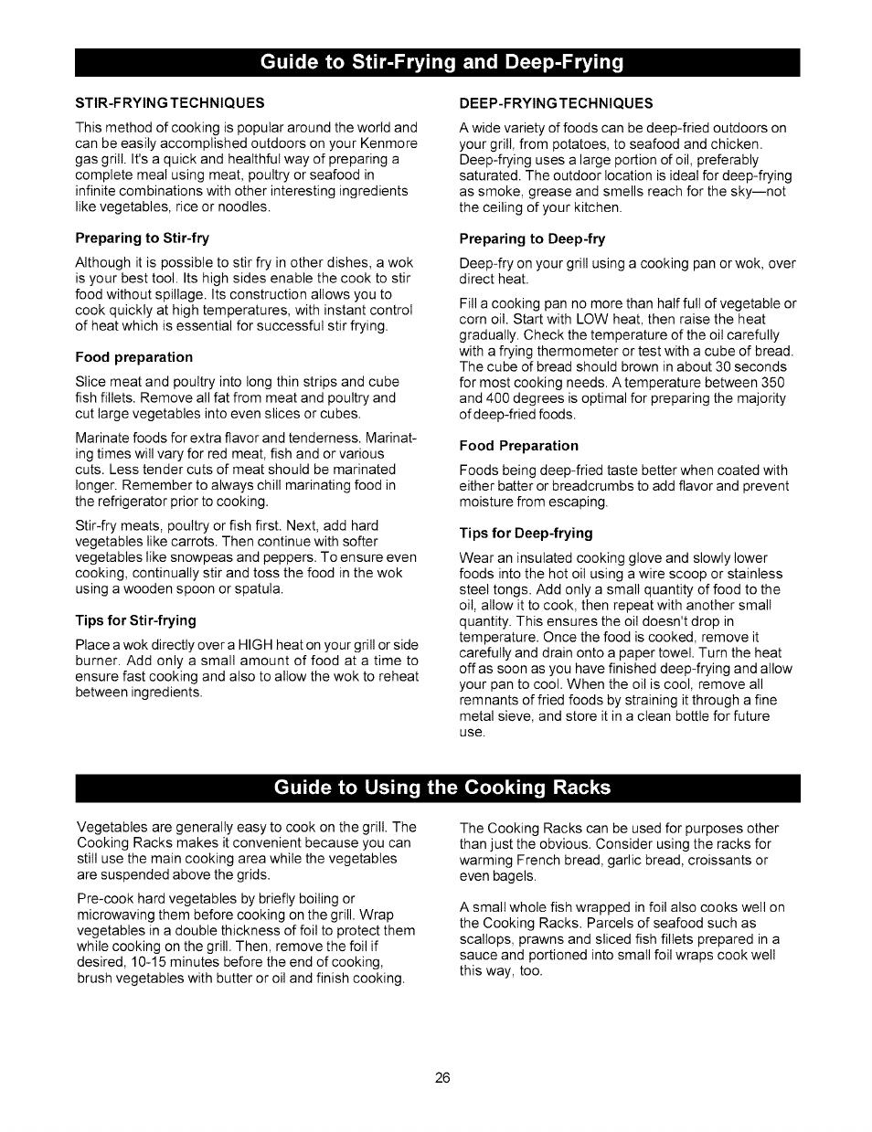 Stir-frying techniques, Preparing to stir-fry, Food preparation | Tips for stir-frying, Deep-frying techniques, Preparing to deep-fry, Tips for deep-frying, Guide to stir-frying and deep-frying, Guide to using the cooking racks | Kenmore 141.15227 User Manual | Page 26 / 33