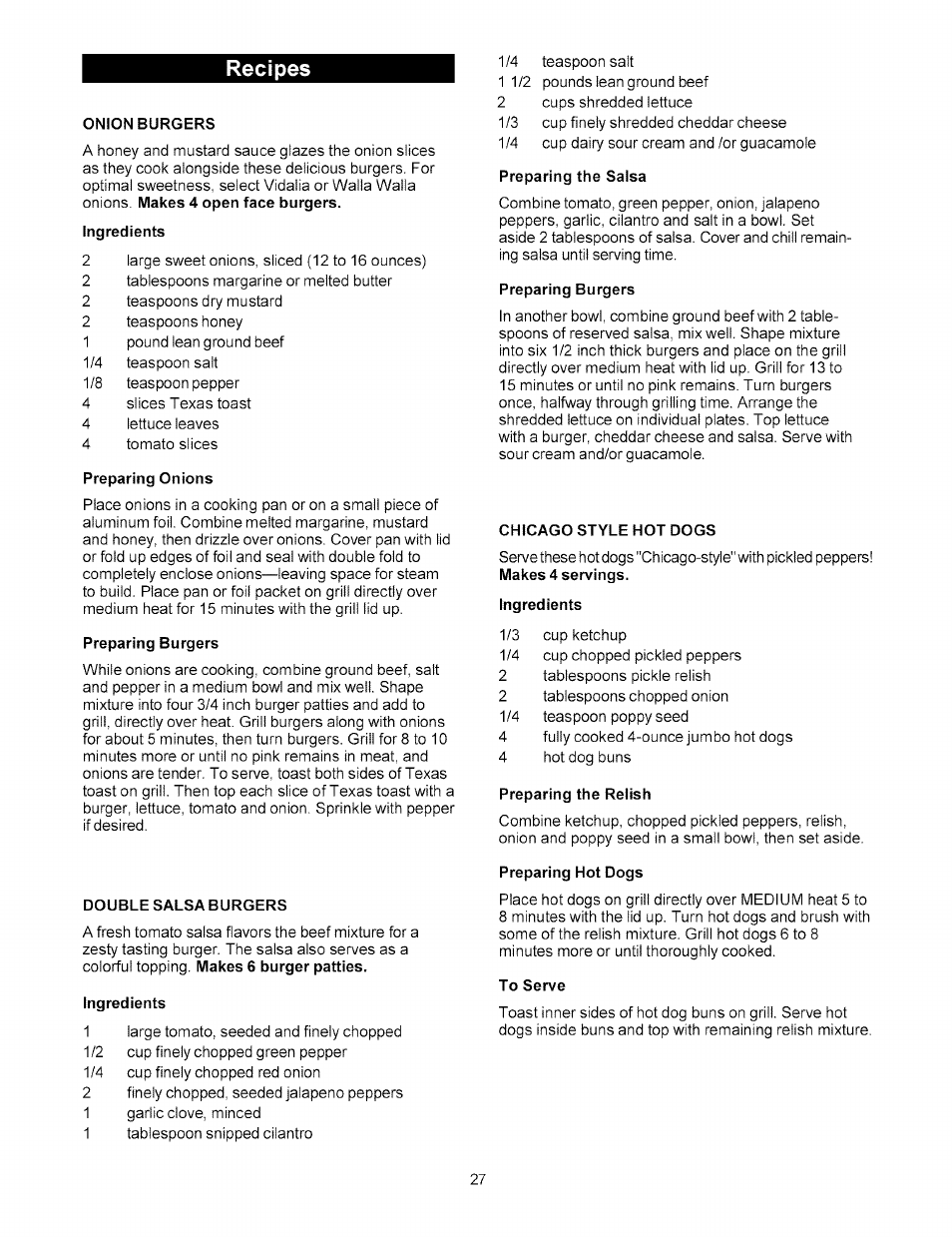 Onion burgers, Preparing onions, Preparing burgers | Double salsa burgers, Ingredients, Preparing the salsa, Chicago style hot dogs, Preparing the relish, Preparing hot dogs, To serve | Kenmore 141.15227 User Manual | Page 27 / 33