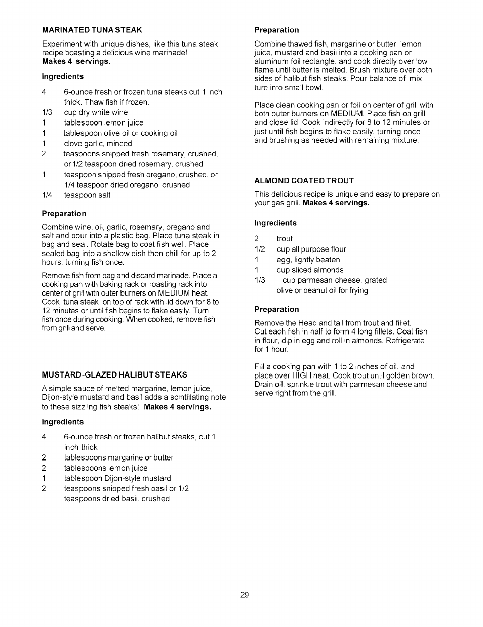 Ingredients, Preparation, Almond coated trout | Mustard-glazed halibut steaks | Kenmore 141.15227 User Manual | Page 29 / 33