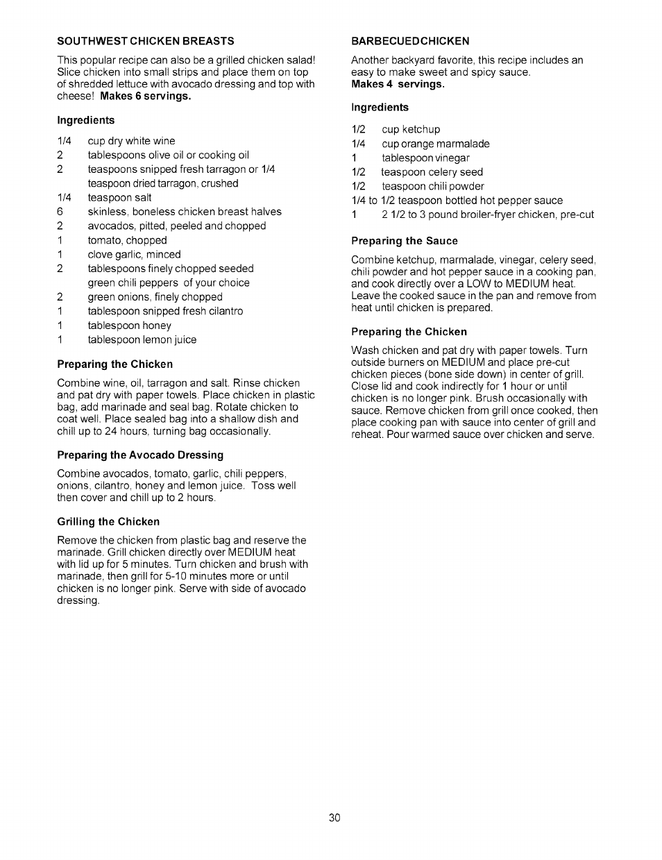 Southwest chicken breasts, Barbecuedchicken, Ingredients | Preparing the chicken, Preparing the avocado dressing, Grilling the chicken, Preparing the sauce | Kenmore 141.15227 User Manual | Page 30 / 33