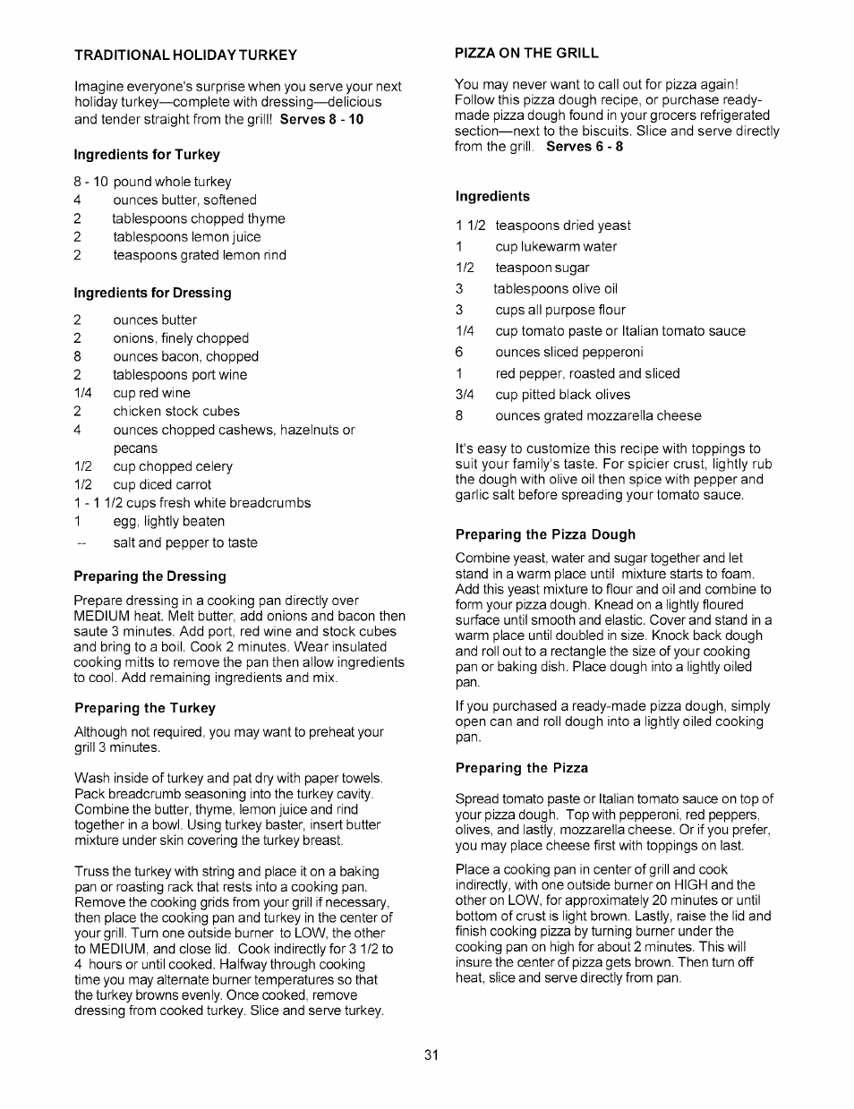 Ingredients for turkey, Ingredients for dressing, Preparing the dressing | Preparing the turkey, Ingredients, Preparing the pizza dough, Preparing the pizza | Kenmore 141.15227 User Manual | Page 31 / 33