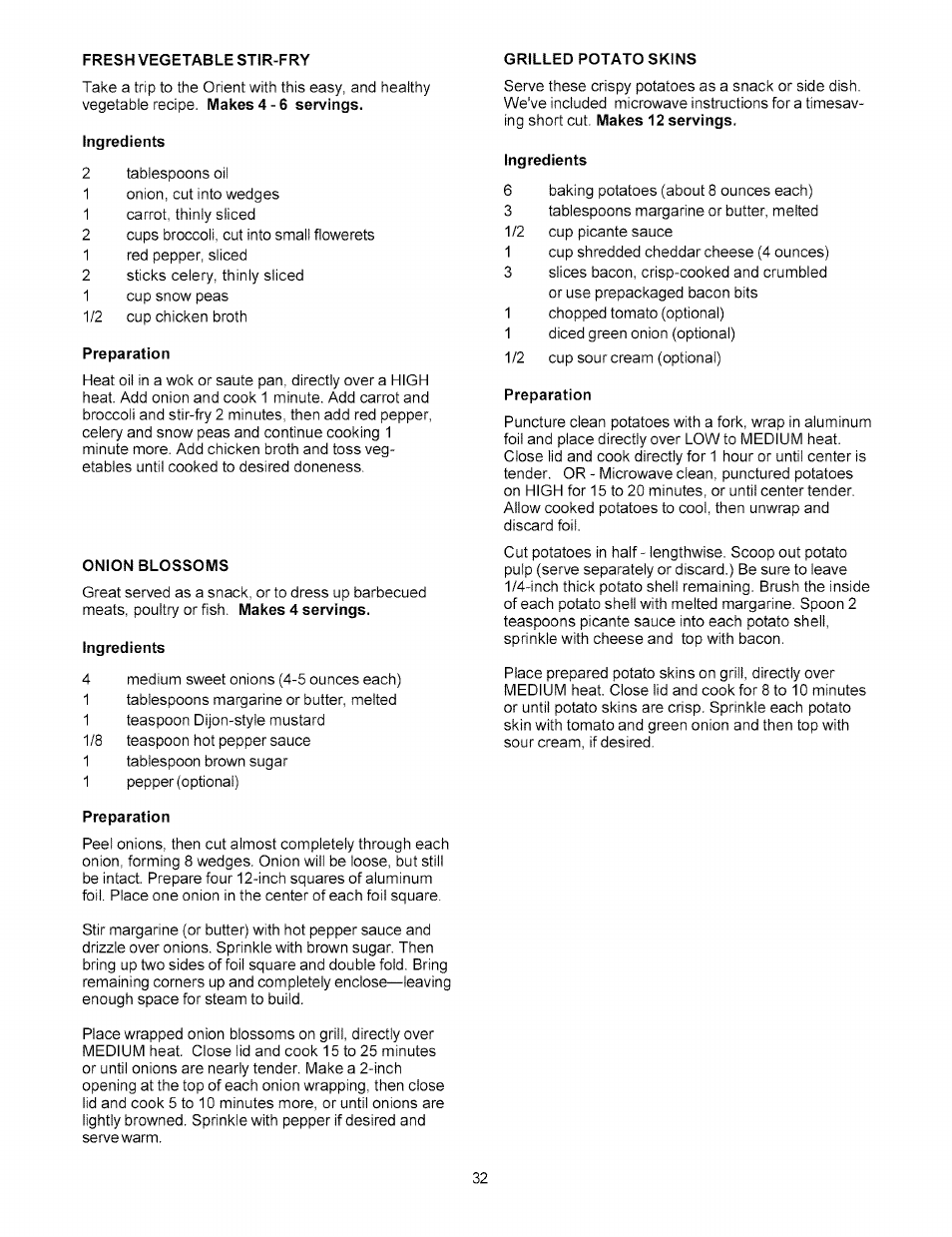 Fresh vegetable stir-fry, Grilled potato skins, Onion blossoms | Ingredients, Preparation | Kenmore 141.15227 User Manual | Page 32 / 33