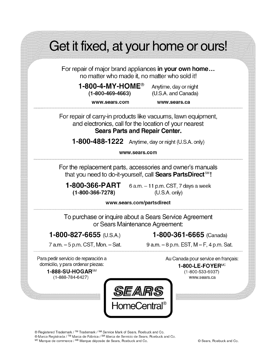 Get it fixed, at your home or ours, Au canada pour service en français | Kenmore 141.15227 User Manual | Page 33 / 33