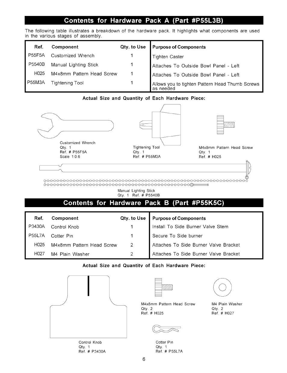 Contents for hardware pack a (part #p56l3b), Contents for hardware pack b (part #p55k5c) | Kenmore 141.15227 User Manual | Page 6 / 33