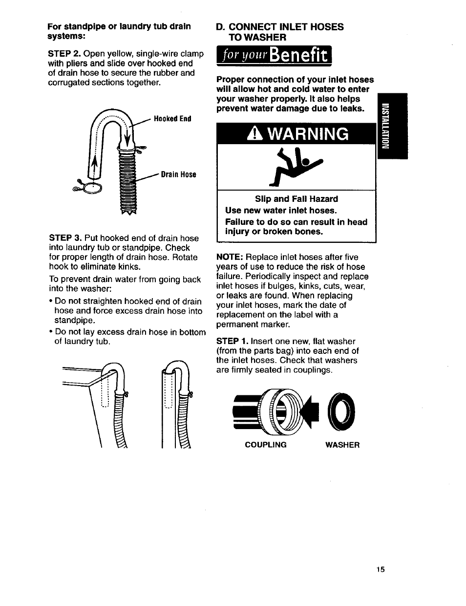 For standpipe or laundry tub drain systems, For your benefit, A warning | Benefit, For your | Kenmore 3950145 User Manual | Page 15 / 76