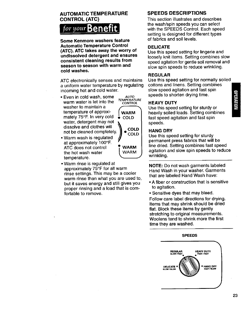 Automatic temperature control (атс), For your benefit, Speeds descriptions | Delicate, Regular, Heavy duty, Hang dry, Benefit, For your | Kenmore 3950145 User Manual | Page 23 / 76