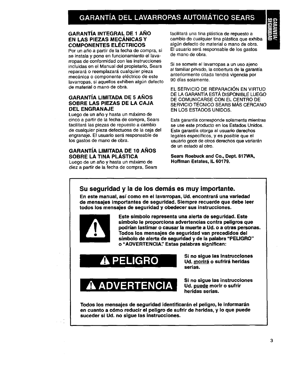 Garantía del lavarropas automatico sears, Su seguridad y la de los demás es muy importante, Apeligro | A advertencia, Apeligro a advertencia | Kenmore 3950145 User Manual | Page 41 / 76