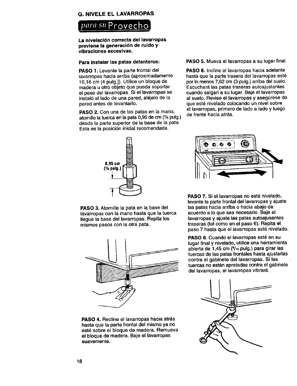 G. nivele el lavarropas, Para instalar las patas delanteros, Provecho | Para su | Kenmore 3950145 User Manual | Page 56 / 76