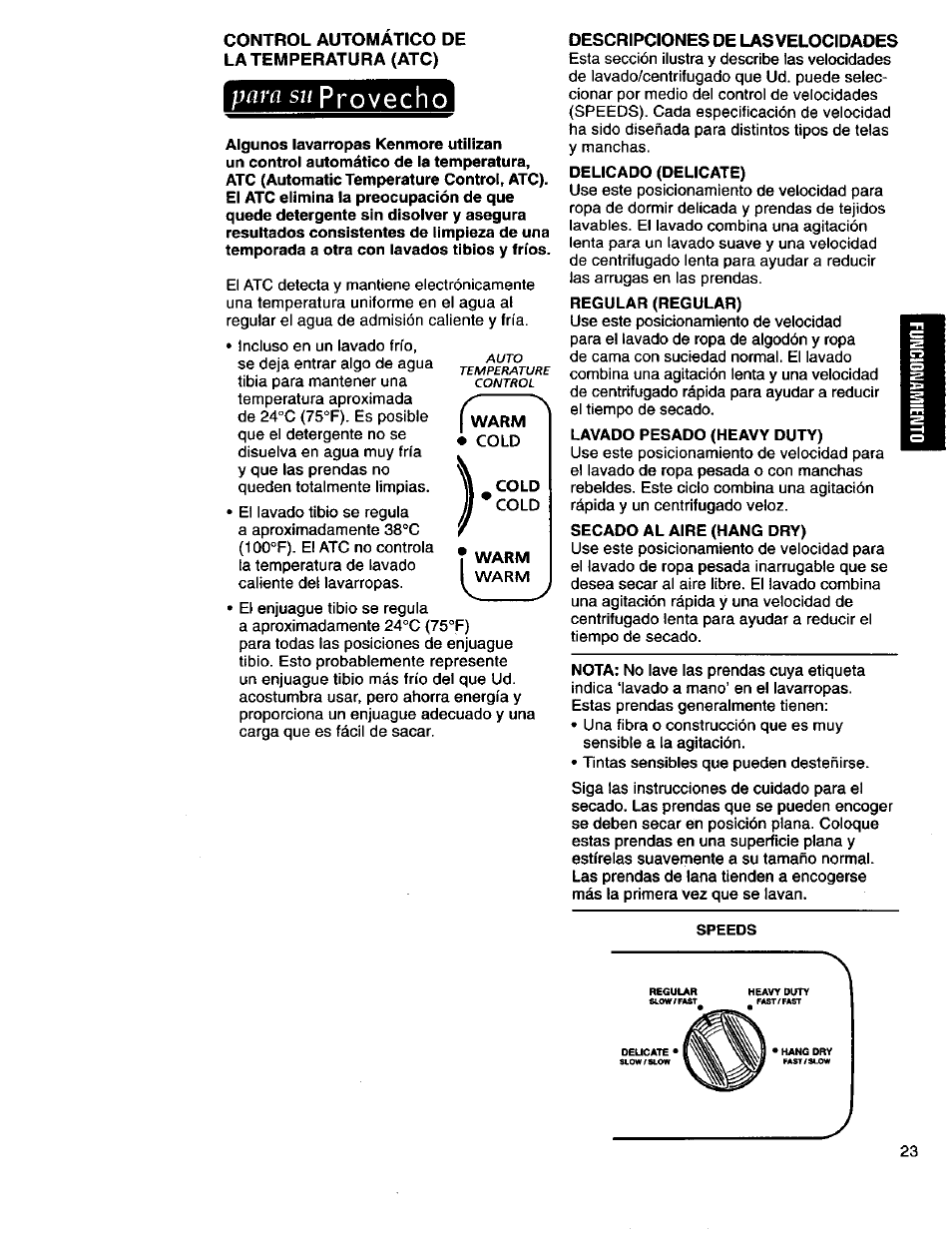 Control automatico de la temperatura (атс), Para su provecho, Descripciones de las velocidades | Provecho, Para su | Kenmore 3950145 User Manual | Page 61 / 76