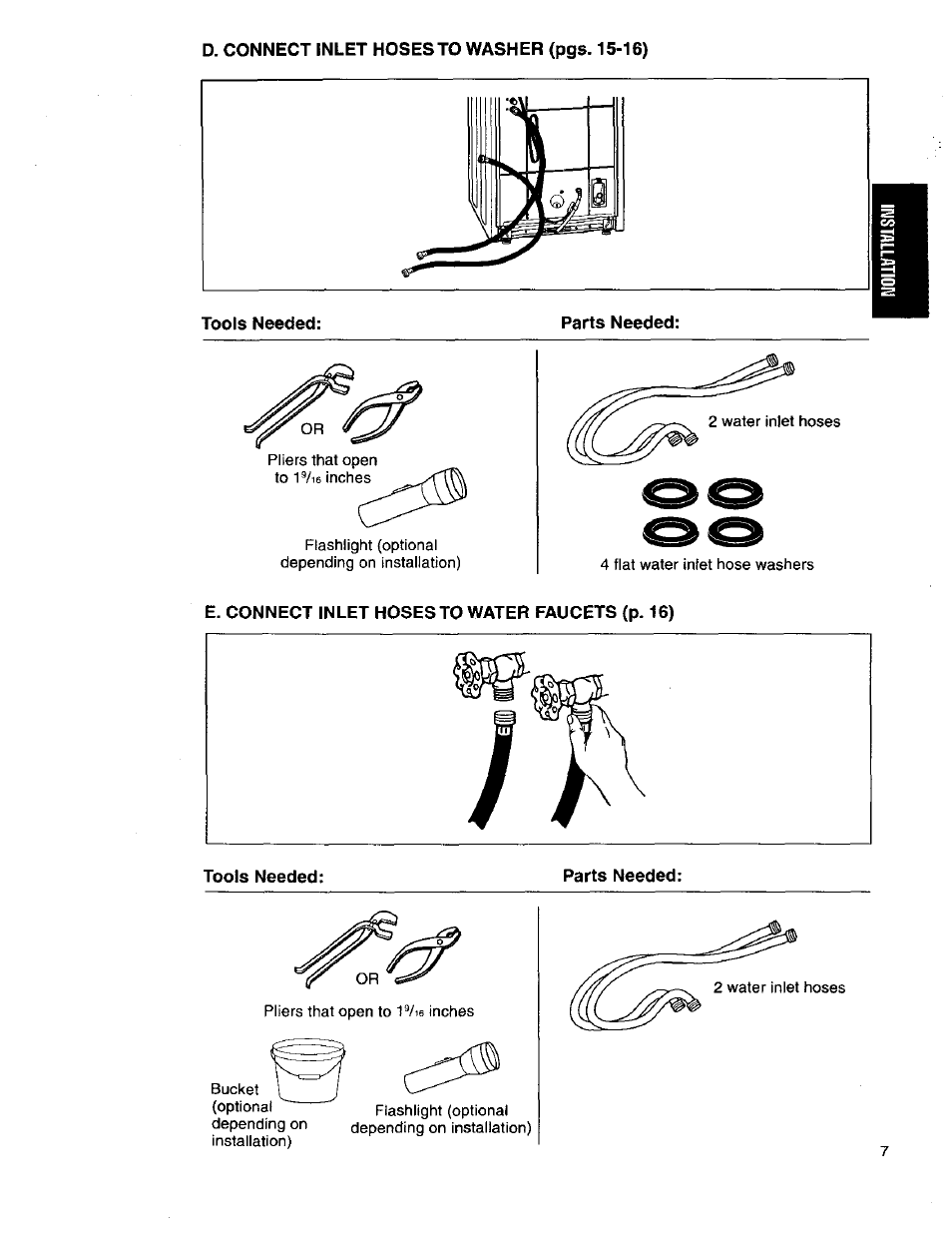 D. connect inlet hoses to washer (pgs. 15-16), E. connect inlet hoses to water faucets (p. 16), Tools needed | Kenmore 3950145 User Manual | Page 7 / 76