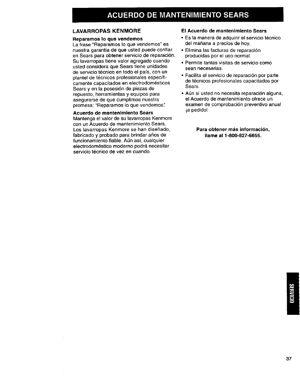 Acuerdo de mantenimiento sears, Lavarropas kenmore, El acuerdo de mantenimiento sears | Kenmore 3950145 User Manual | Page 75 / 76