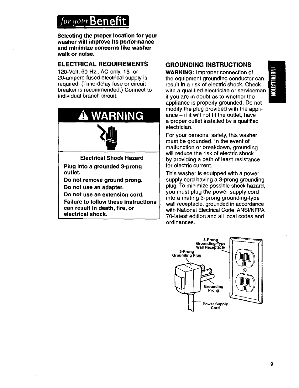 Electrical requirements, A warning, Benefit | For ijour | Kenmore 3950145 User Manual | Page 9 / 76