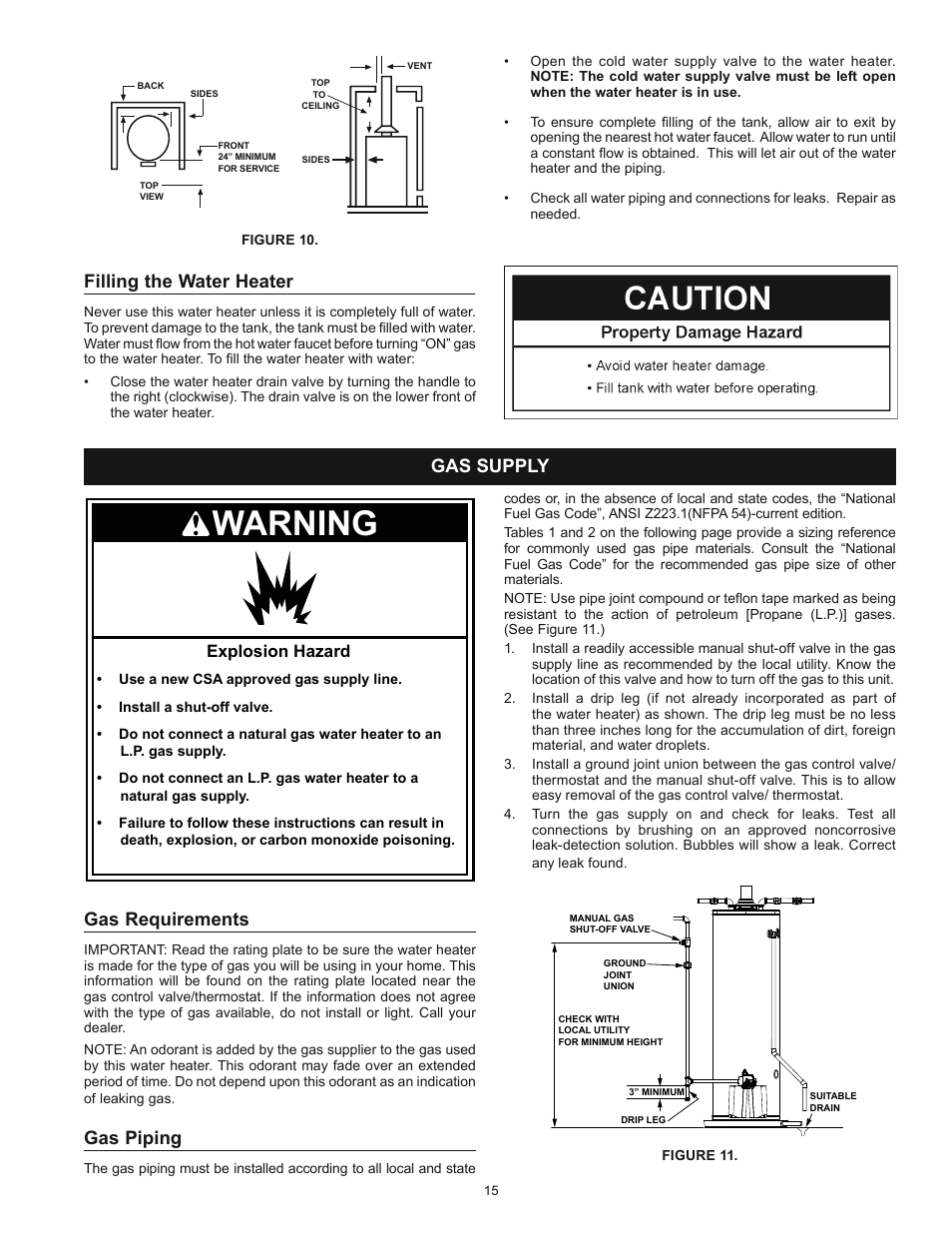 Warning, Filling the water heater, Gas requirements | Gas piping, Gas supply, Explosion hazard | Kenmore POWER MISER 153.339432 User Manual | Page 15 / 40