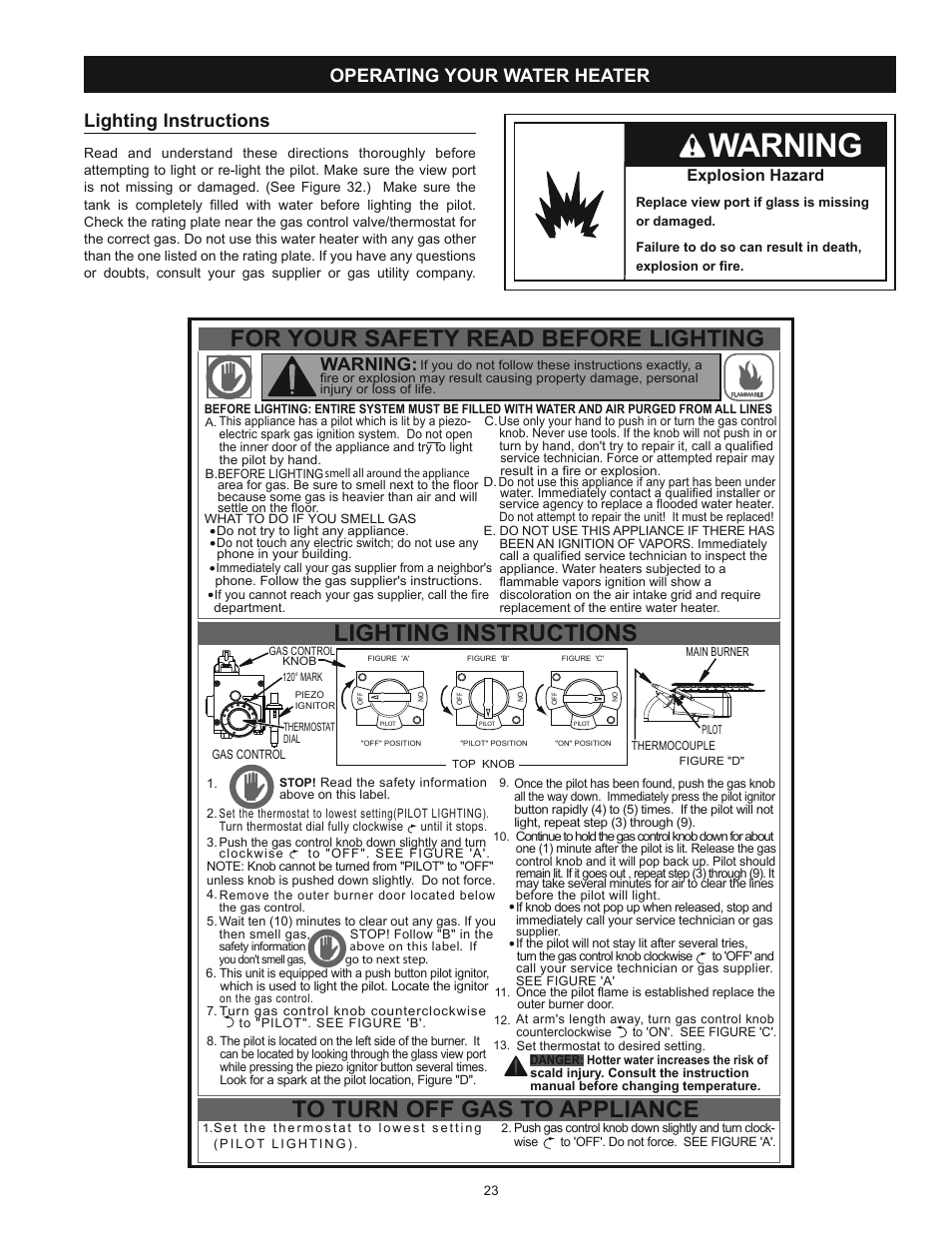 Warning, For your safety read before lighting, Lighting instructions | Operating your water heater, Explosion hazard | Kenmore POWER MISER 153.339432 User Manual | Page 23 / 40