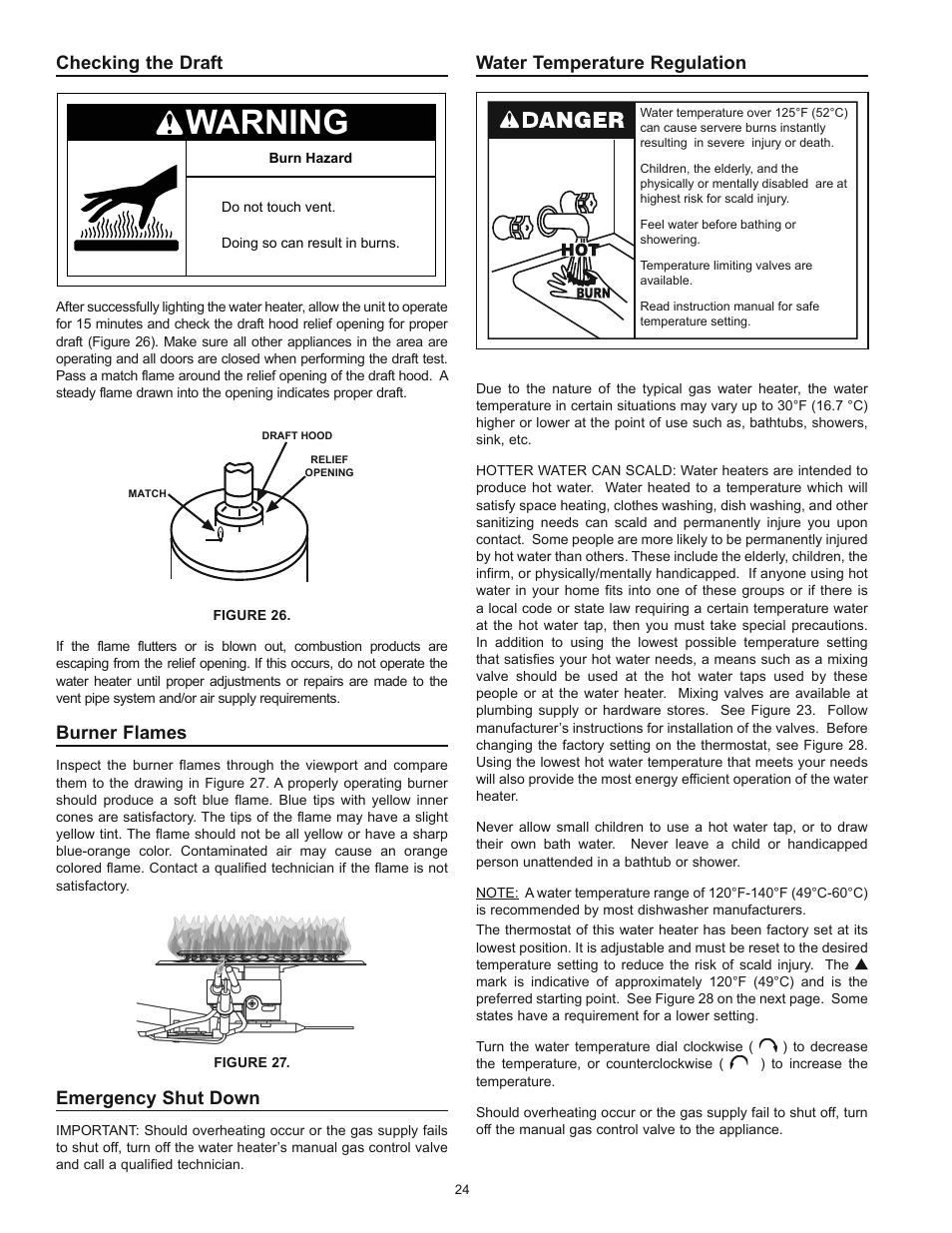 Warning, Checking the draft, Burner flames | Emergency shut down, Water temperature regulation | Kenmore POWER MISER 153.339432 User Manual | Page 24 / 40
