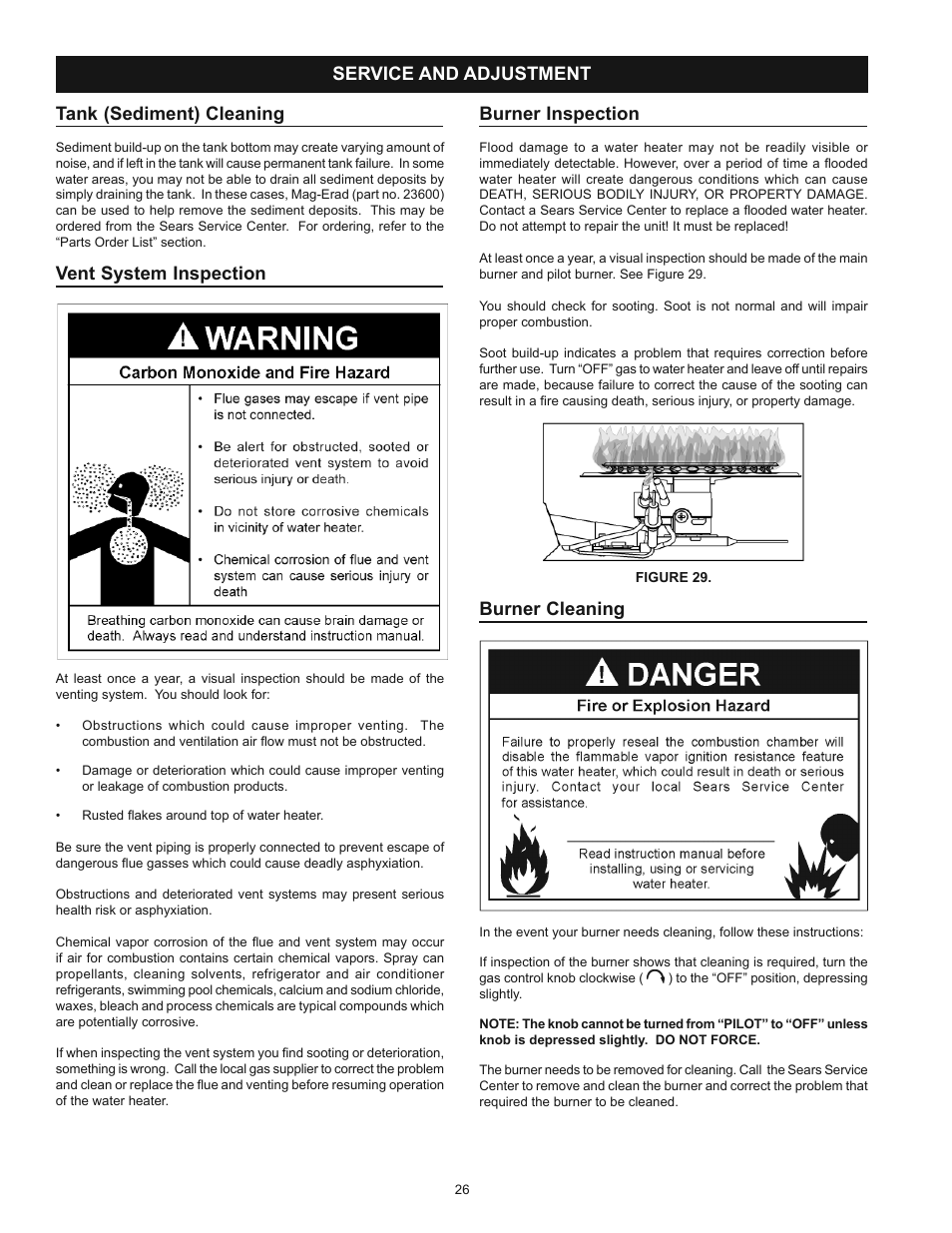 Service and adjustment tank (sediment) cleaning, Vent system inspection, Burner inspection | Burner cleaning | Kenmore POWER MISER 153.339432 User Manual | Page 26 / 40
