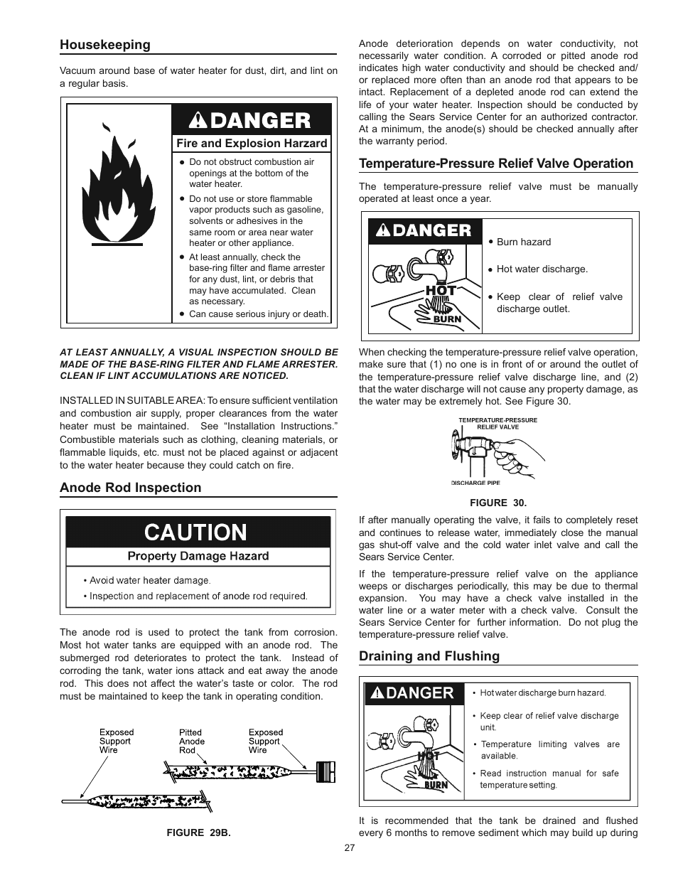 Housekeeping, Anode rod inspection, Temperature-pressure relief valve operation | Draining and flushing | Kenmore POWER MISER 153.339432 User Manual | Page 27 / 40