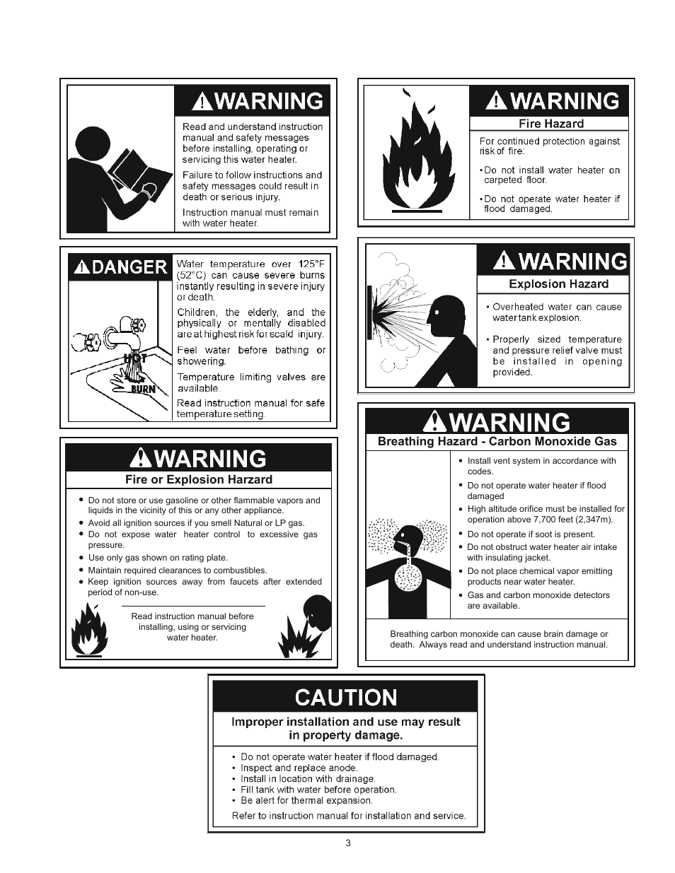 Breathing hazard - carbon monoxide gas, Fire or explosion harzard | Kenmore POWER MISER 153.339432 User Manual | Page 3 / 40