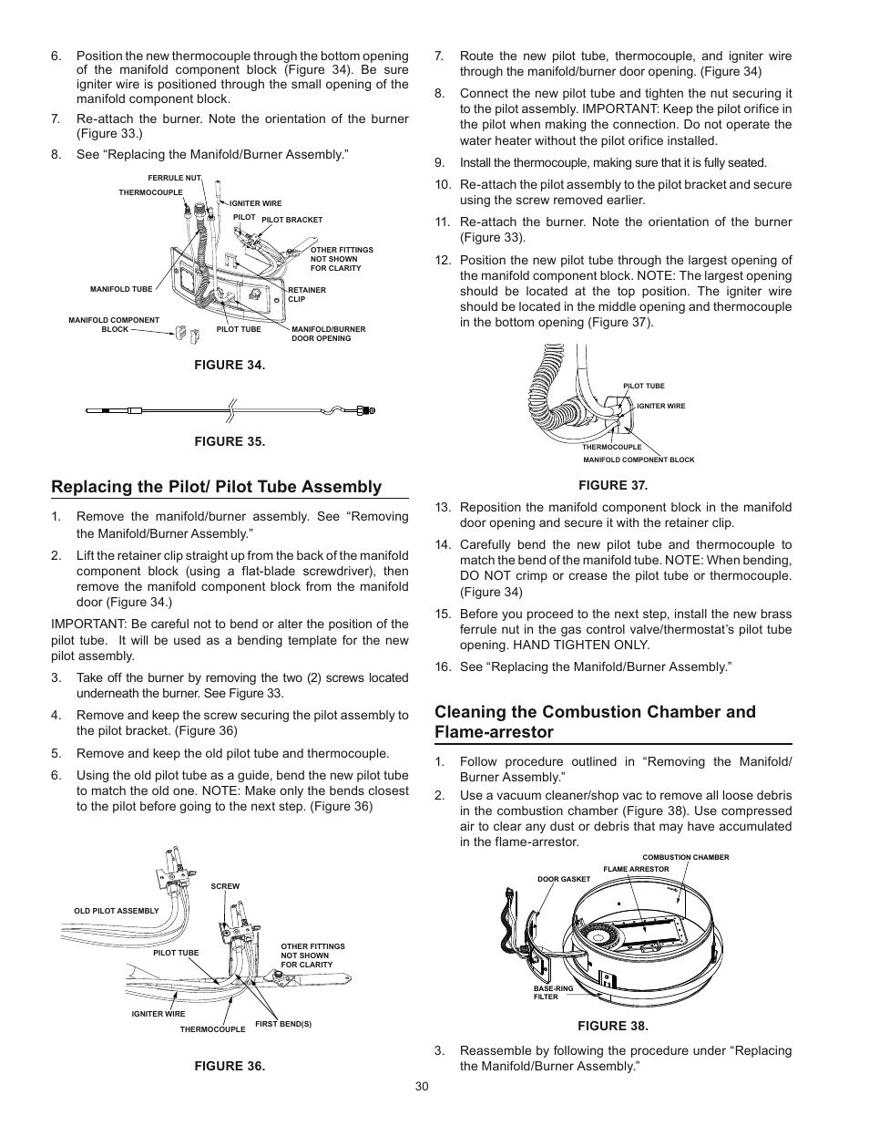 Cleaning the combustion chamber and flame-arrestor, Replacing the pilot/ pilot tube assembly | Kenmore POWER MISER 153.339432 User Manual | Page 30 / 40
